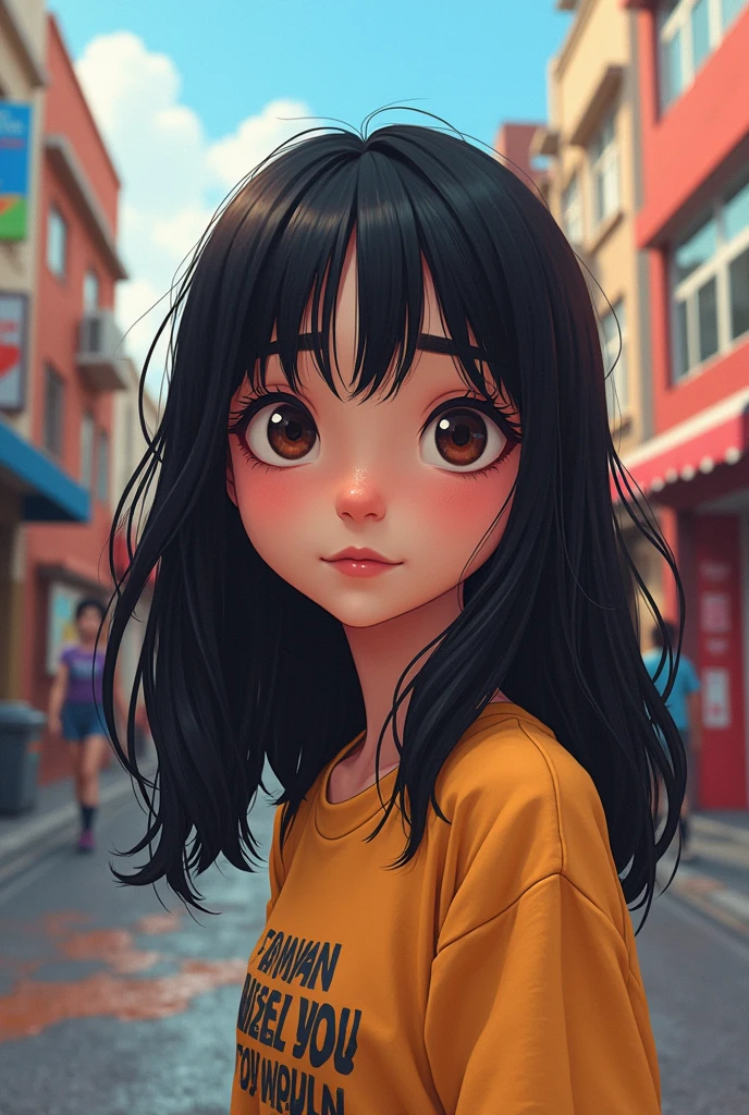 teenager girl, have straight, medium black hair. big, almond, dark brown eyes. round face, thick eyebrows, short eyelash, big and flat nose, thin mouth, neutral skin tone