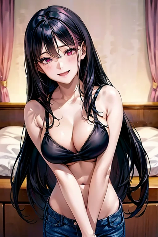 ((((black bra)))), Very detailed、highest quality、Best image quality、masterpiece、8k、Anime Face、A kind smile、Open Mouth、((black long hair:1.5))、huge breast, sexy、 beautiful body 、Cowboy Shot, Sexual Intercourse, ((pink eyes)), hotel bedroom, ((( Jeans))),