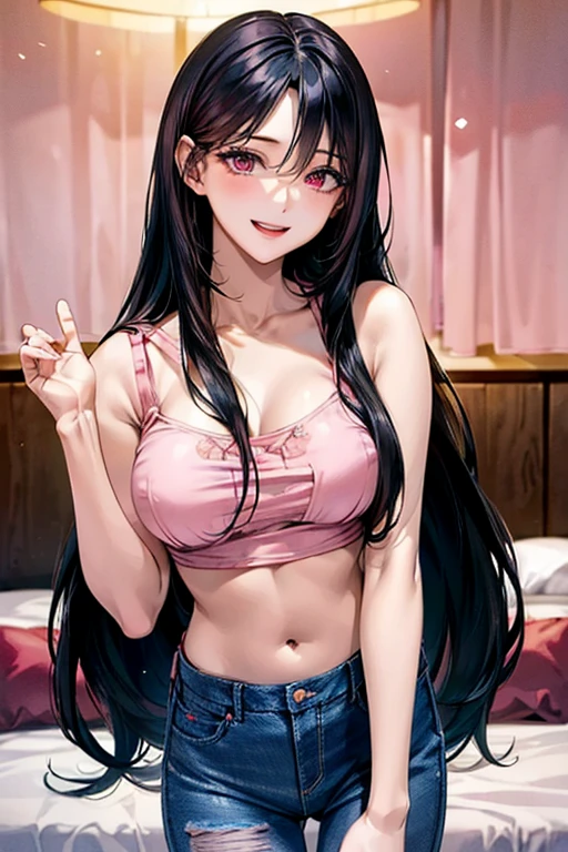 ((((red bra)))), Very detailed、highest quality、Best image quality、masterpiece、8k、Anime Face、A kind smile、Open Mouth、((black long hair:1.5))、huge breast, sexy、 beautiful body 、Cowboy Shot, Sexual Intercourse, ((pink eyes)), hotel bedroom, ((( Jeans))),