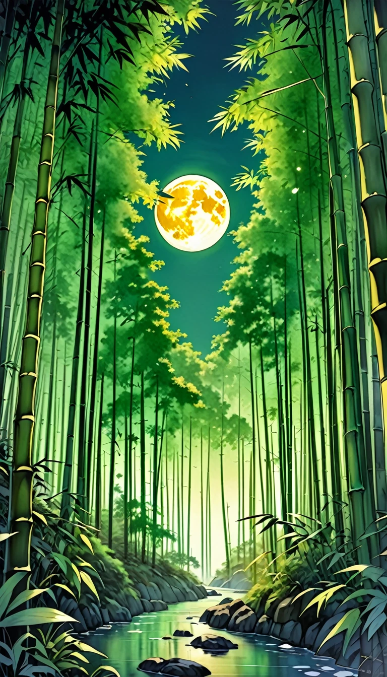 Japanese painting, woodblock painting, watercolor painting, bright green, bamboo forest, one bamboo stalk glowing golden, background huge full moon, (ultra detailed, absolutely resolution, best quality:1.3), 2.5D, delicate and dynamic, artistic, hyper, graphic CG digital art