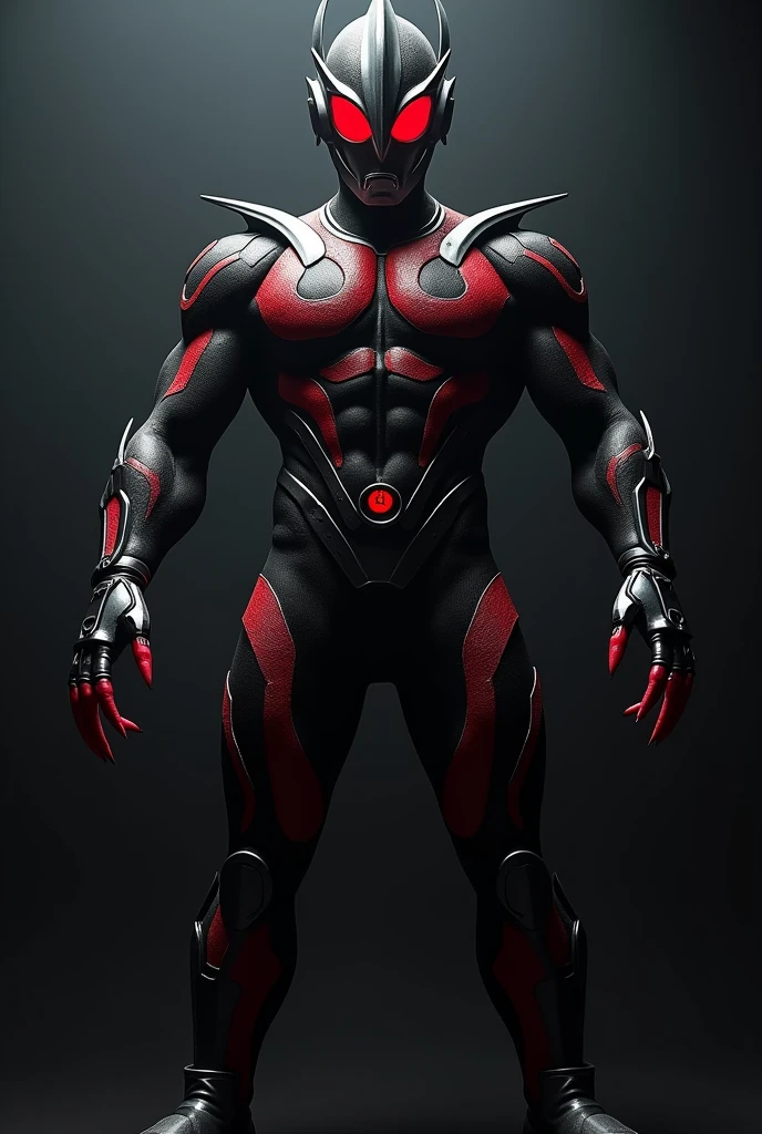 Ultraman、Black and red color scheme、Black as the base color with red pattern lines on the body、Muscular々、Muscular all over、Gatai is good、whole body muscular、A large skeleton、Venom image、A menacing face、Face sharp、Eyes are very sharp and red、Sharp, upturned red eyes、A terrifying mask、charisma、Long, sharp claws、Magnificent claws、A hard, strong body、A sturdy body with an armor-like texture、Atrocious、A color timer on the chest、A small red color timer、RAW Photos