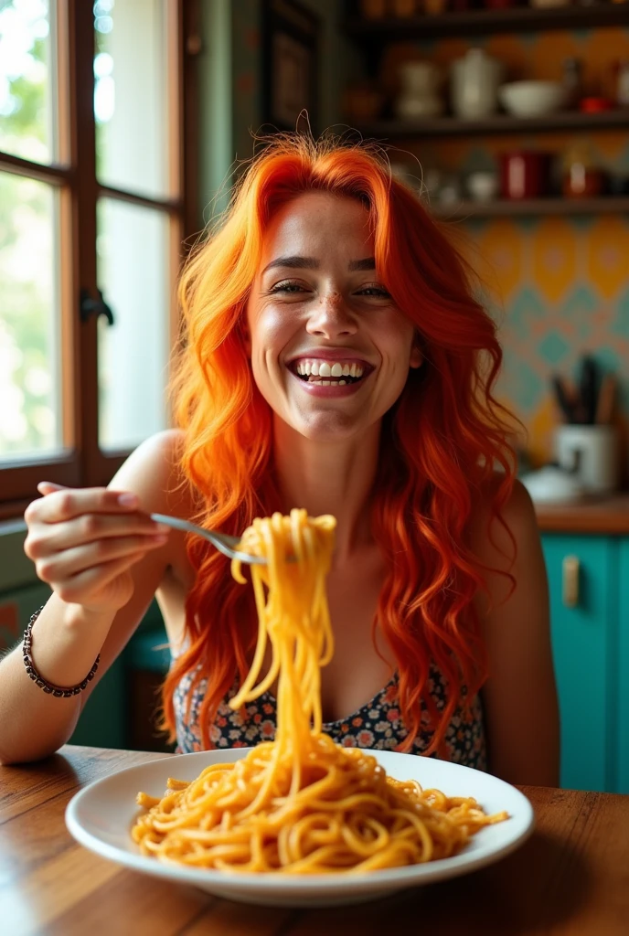 Mexican woman, big orange hair, 100% freckles, sitting at a table, looking at me with a big smile, eating spaghetti