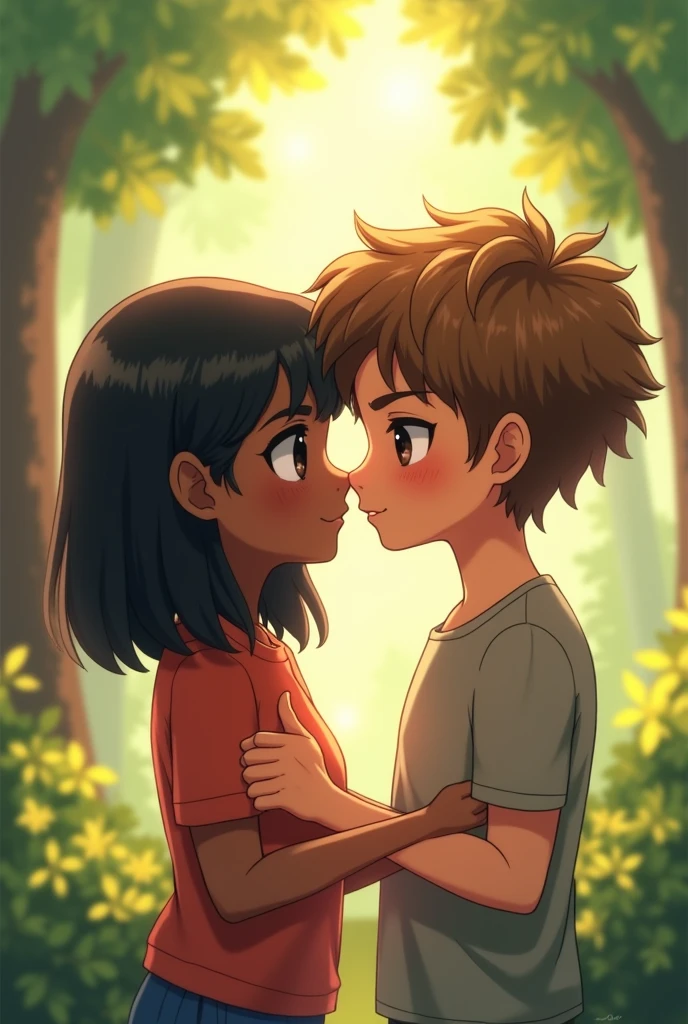 I want you to create a realistic anime style portrait of two people, a boy and a girl, The girl has brown skin, black eyes and straight shoulder-length hair with a fringe, has thick lips, medium-sized nose and slanted eyes , the boy has light brown hair, with light brown eyes, thick lips and a small nose, she has a wolfcut hairstyle