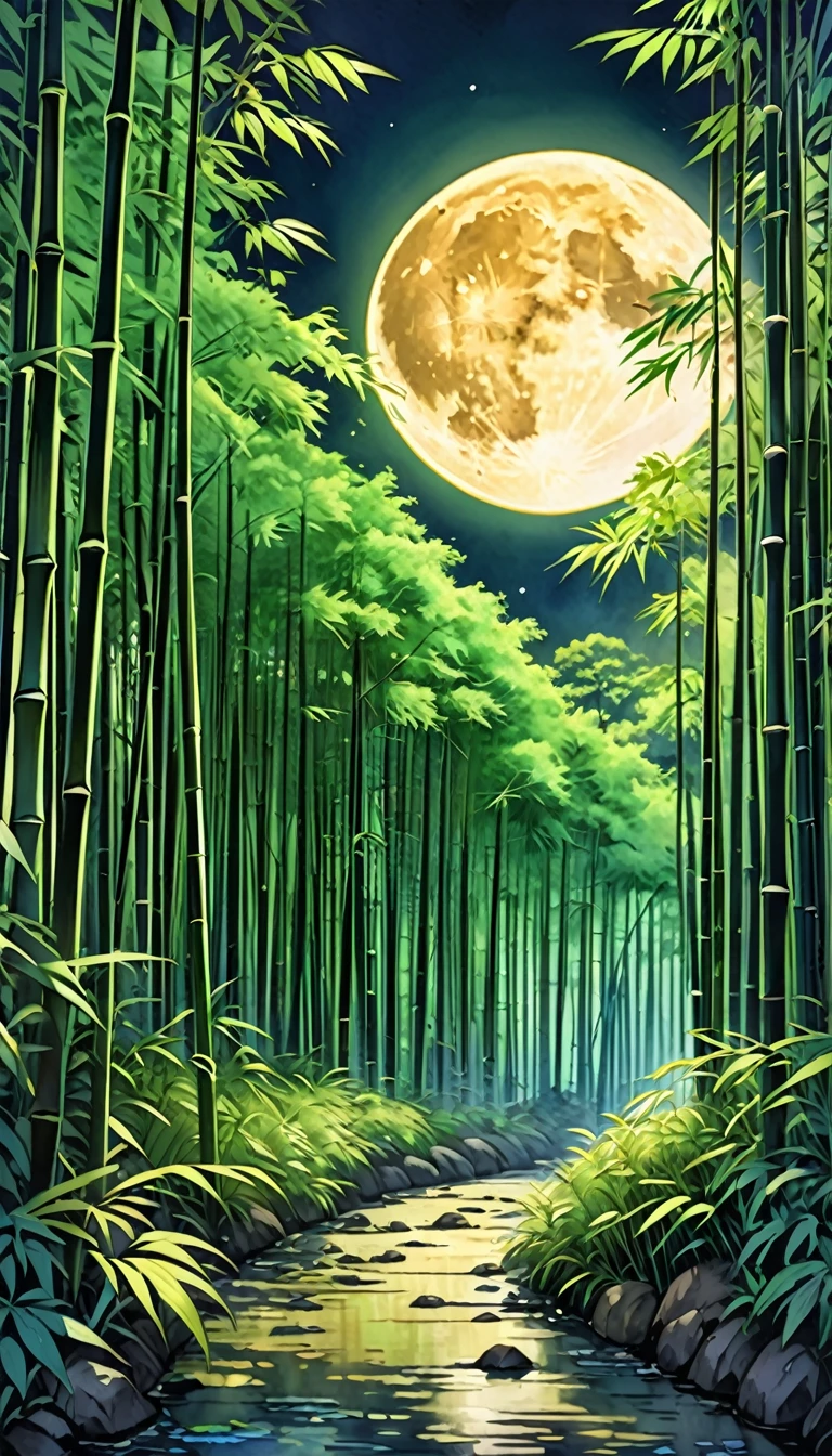 woodblock painting, watercolor painting, bright green, bamboo forest, one bamboo stalk glowing golden, background huge full moon, (ultra detailed, absolutely resolution, best quality:1.3), 2.5D, delicate and dynamic, artistic, hyper, graphic CG digital art