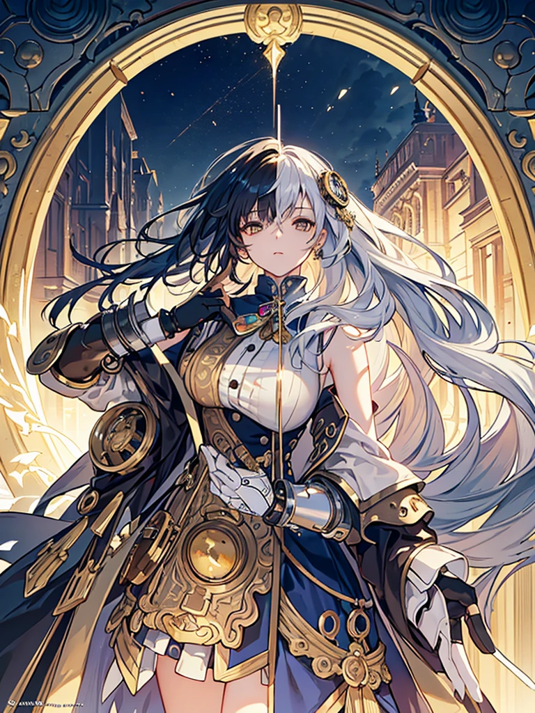 ((best quality)), ((masterpiece)), (detailed), 1girl, open shoulders, ((giant steampunk gauntlets)), ((navy and gold hair)), two-tone hair, wavy hair, steampunk goggles on head, ((white eyes)), steampunk outfit, thigh cutouts, Exquisite，Elegant colors，high detal，tmasterpiece，ultra - detailed，dynamic angle, astounding，cinmatic lighting，illustratio，light and shade contrast, God Ray，Best quality at best，Best quality at best, intricately details. 8K, Dreamlike, surrealism, Symmetrical, Soft lighting, Intricate details, Highly detailed, illusory engine, aspect::4:3, Game CG,inspired by Li Mei-shu, mistic,