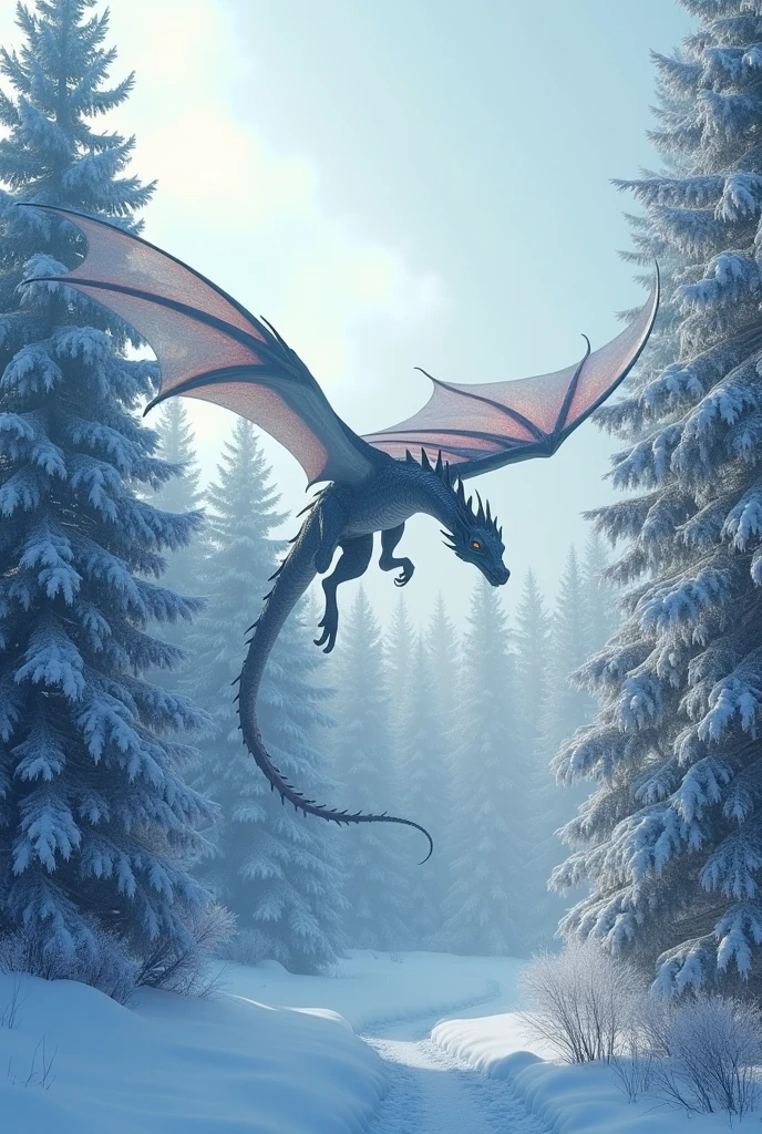 Beautiful art style，dragon，8K,Great scene，The cold northern forest，winter，Snow Scene，Heavy snow