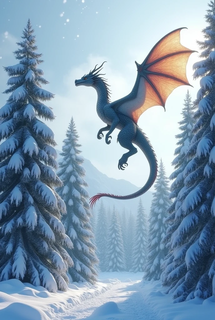 Beautiful art style，dragon，8K,Great scene，The cold northern forest，winter，Snow Scene，Heavy snow