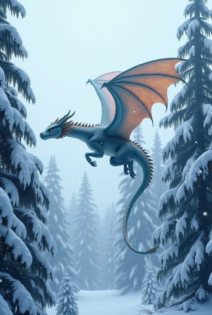 Beautiful art style，dragon，8K,Great scene，The cold northern forest，winter，Snow Scene，Heavy snow