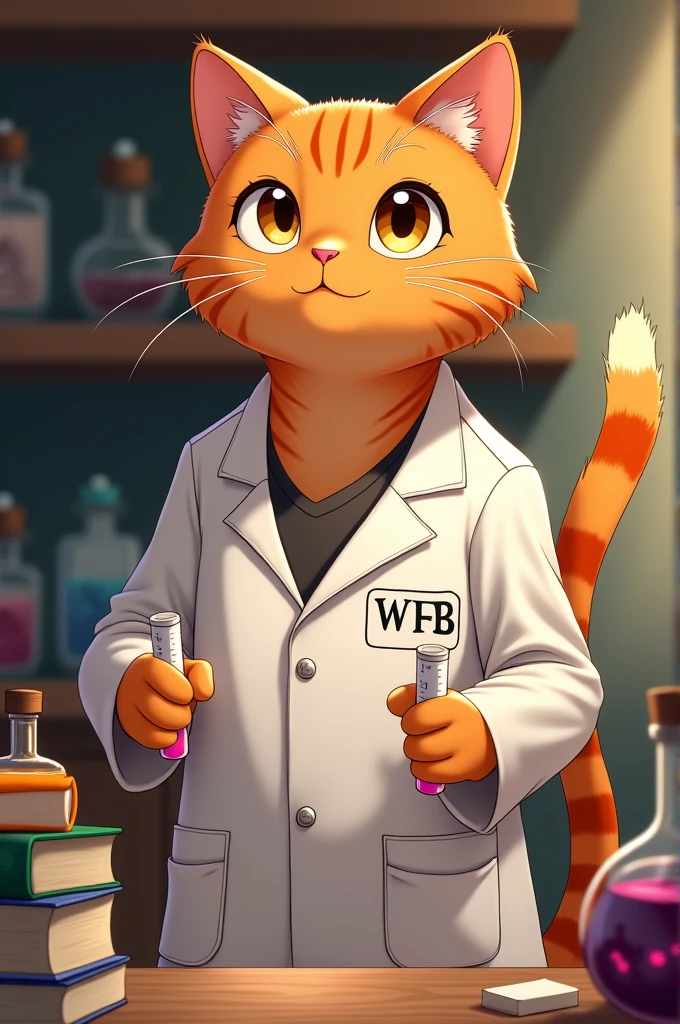 Orange male cat with WFB Hector on his lab coat with blood sampling tubes, like anime