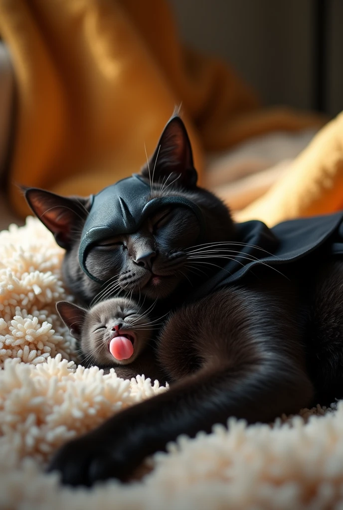 Make me a cat (animal) lying down with his tongue sticking out, wearing a Batman costume, in a room with short fur, sleeping, wearing the Batman mask, a black cat with its eyes closed, and a newborn kitten
