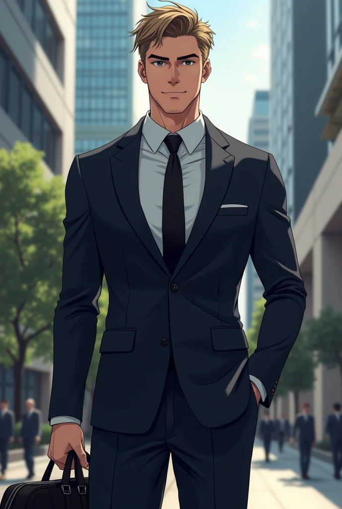 Create an image of a male character with the following characteristics:
Clothing & Accessories:
suit and tie: The character is dressed in an elegant dark suit, well adjusted, and a tie in a complementary tone. The suit should be classic and perfectly fitted..
suitcase: The character holds a black leather briefcase, that conveys sophistication and professionalism.
Physical appearance:
brawny: The character has an athletic and muscular physical build, with a well defined and strong body, evidencing physical training.
Visual de JUJUTSU KAİSEN: The body and posture should reflect Nanami Kento's style from the anime "JUJUTSU KAİSEN", with a physical build that reflects its robust and strong appearance.
Face and Expression:
Rosto de Saul Goodman: The character's face should resemble that of Saul Goodman, from the series "Breaking Bad", including features such as face shape, the eyes, and facial expression. The expression must be confident and charismatic, with a smile that conveys security.
body hair e Outros Detalhes:
body hair: Hair should be styled according to Nanami Kento's look, that is well-groomed and slightly disheveled, with a light color and texture that reflects the anime style.
Additional Detail: The setting could be a corporate environment, like a modern office or a big city street, to complement the character's professional image.