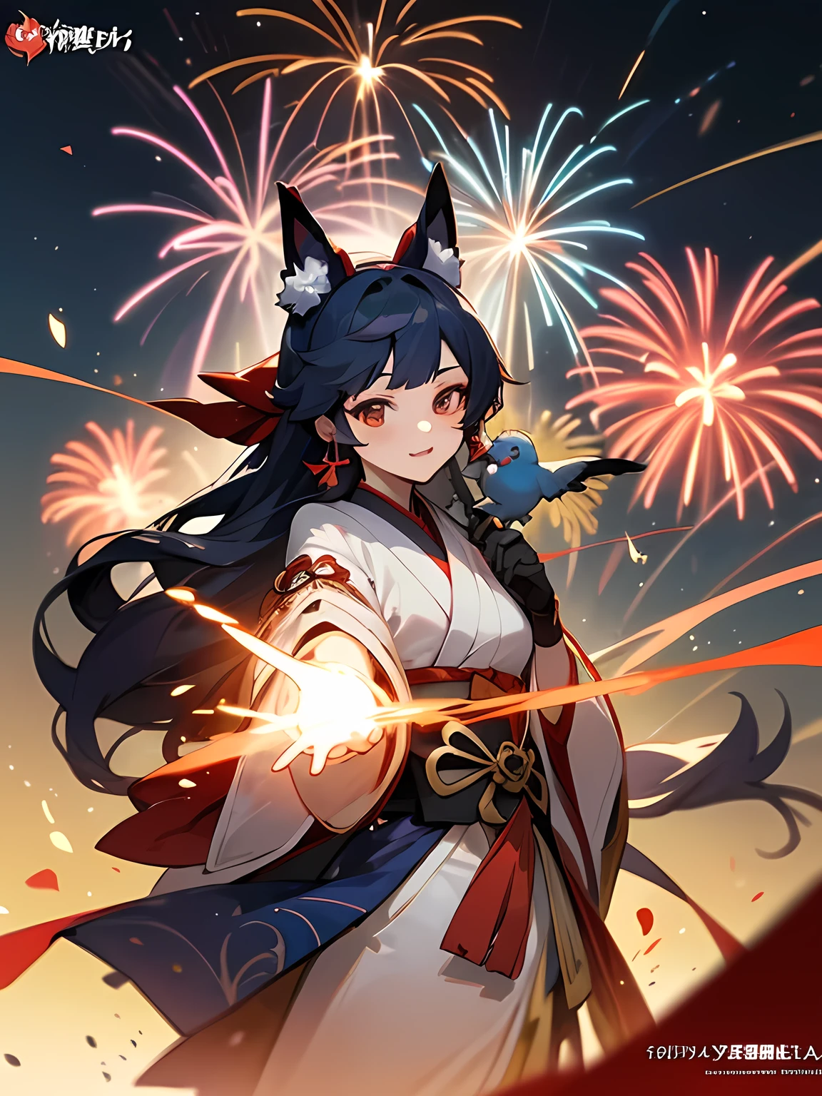 black long hair,red big ribbon animal ear,A kimono-clad anime character holding a sword and a bird, Official artwork, Ayaka Genshin Impact, The Detailed Art of the Onmyoji, high detailed Official artwork, firework, onmyoji, everyone, Keqing of Genshin Impact, [ fireworks in the sky ]!!, artstation pixivでトレンド, Official Anime Artwork, Summer Festival Night