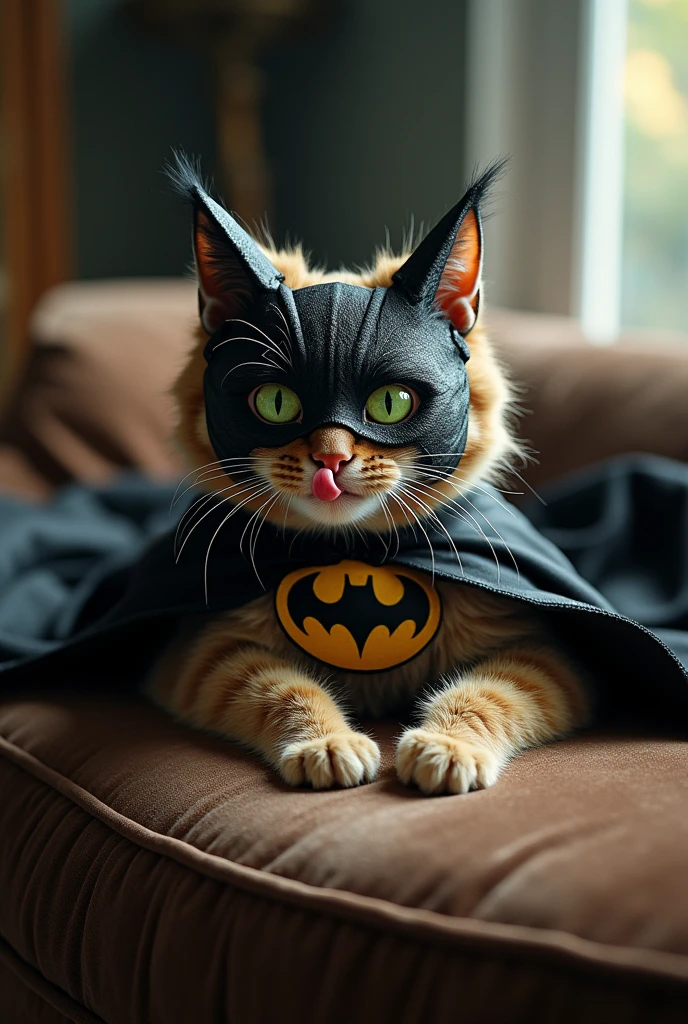 Make me a cat(animal) riven, lying down, with the Batman costume and mask, and with your tongue out