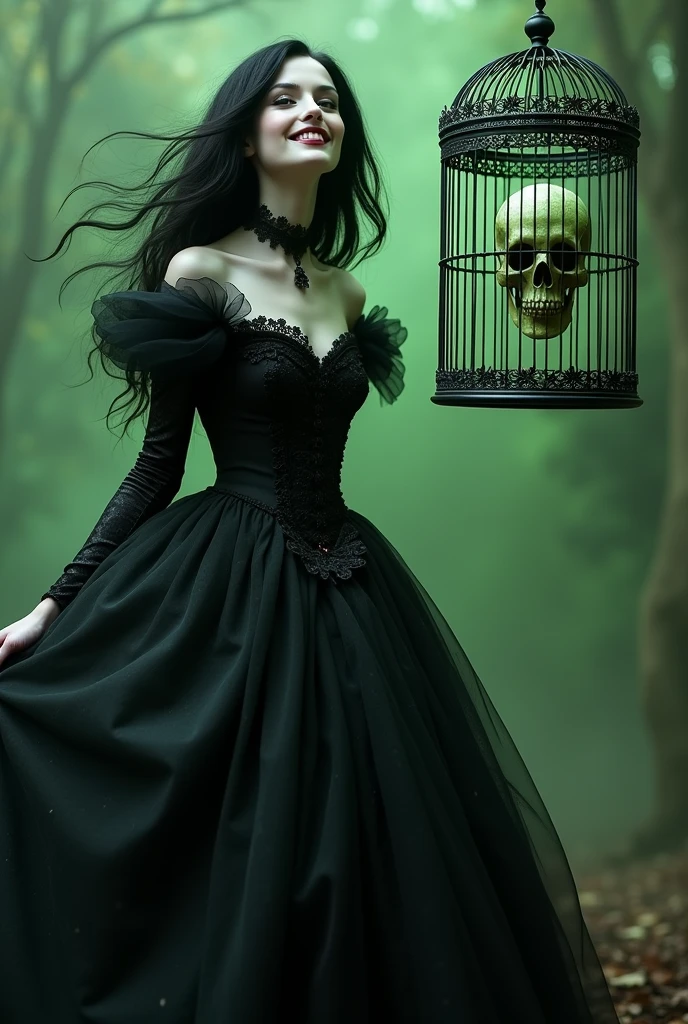 A crazy smiling normal black haired, white woman with black victorian dress, with a floating birdcage that has a sadistic green fire skull insted of a bird inside, and the girl has evil green magic