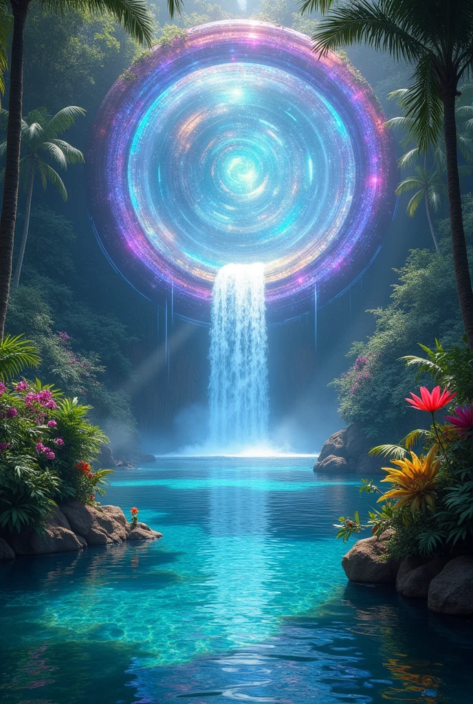 portal of the future emerging into a lagoon