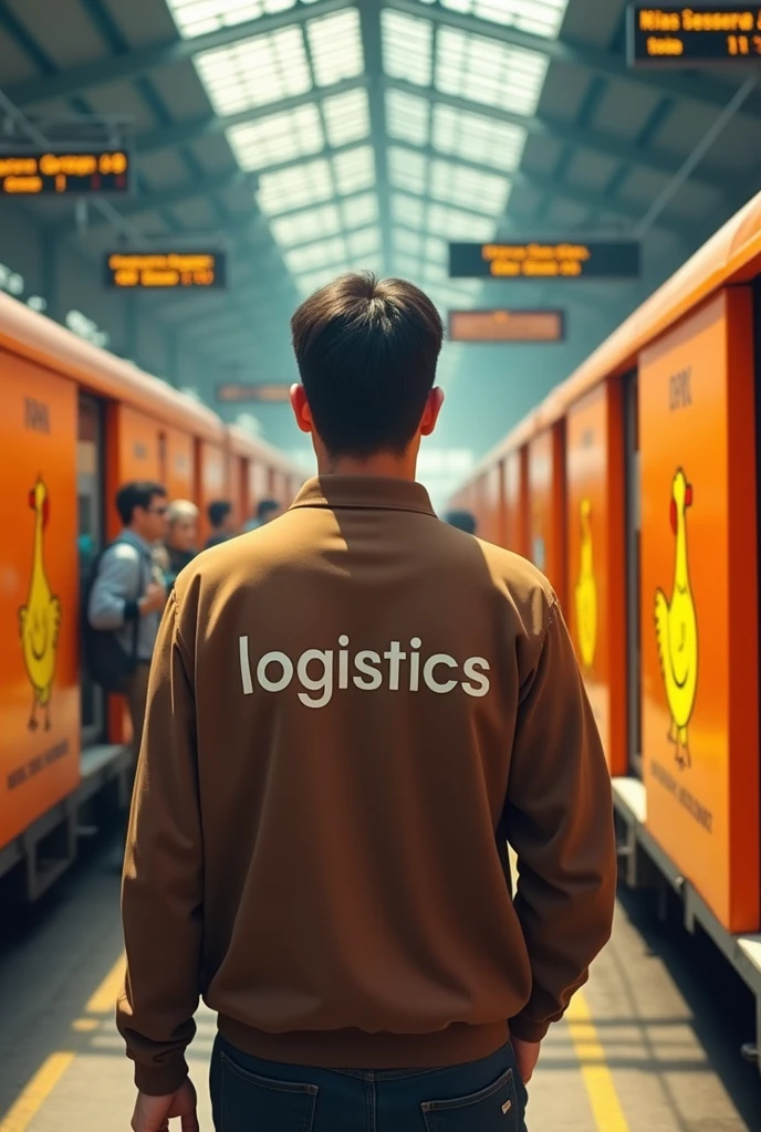 A man wearing a brown shirt with the word 'logistics' written on it (6 yk),seen from behind surrounded by many large orange coolboxes with yellow chicken writing,at a train station