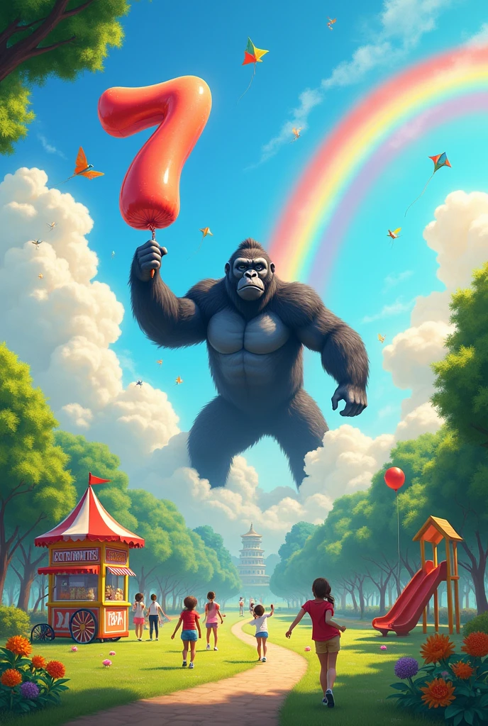 I,act seen from afar of children playing in the park, flying a kite, on a slide, a popcorn seller, BLUE SKY, rainbow, TREES, birds flying, In the background of the image, a giant gorilla emerges from behind the clouds holding a balloon shaped like the number 7.