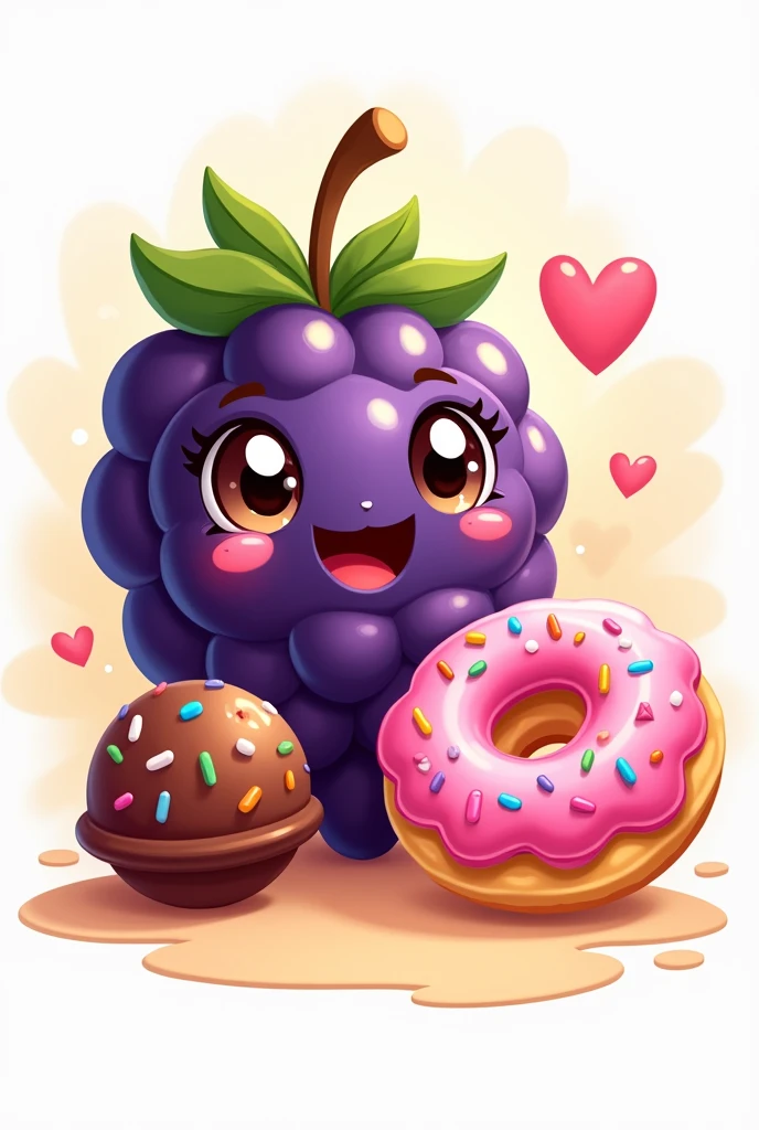 A logo with a cute smiling blackberry, a small smiling pink donut, and a small smiling chocolate candy 