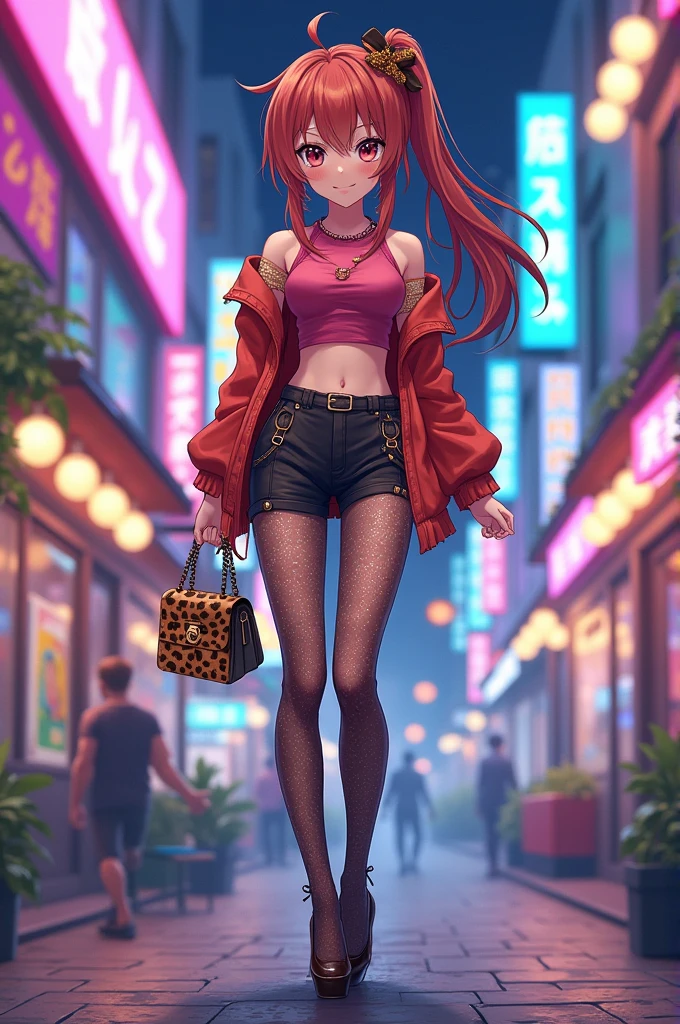 Tomoyo daidoji, anime style, gyaru, crossdressing, make up, high heels, pantyhoses, hand bag, animal print.