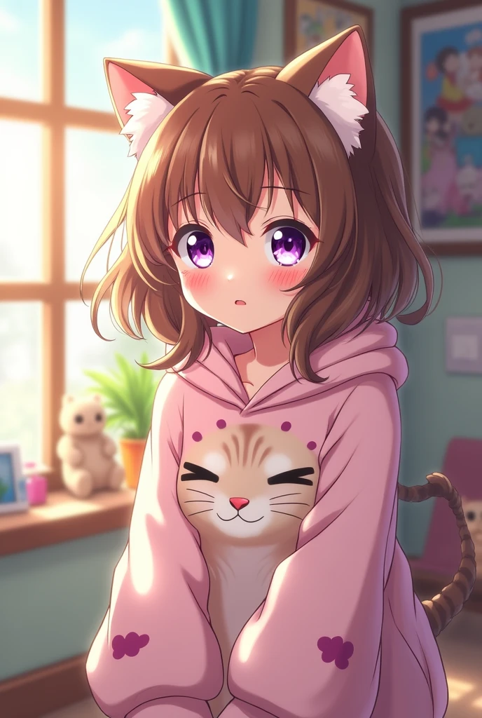 anime, brown haired, neko girl with purple eyes, young, innocent, wearing a hoodie