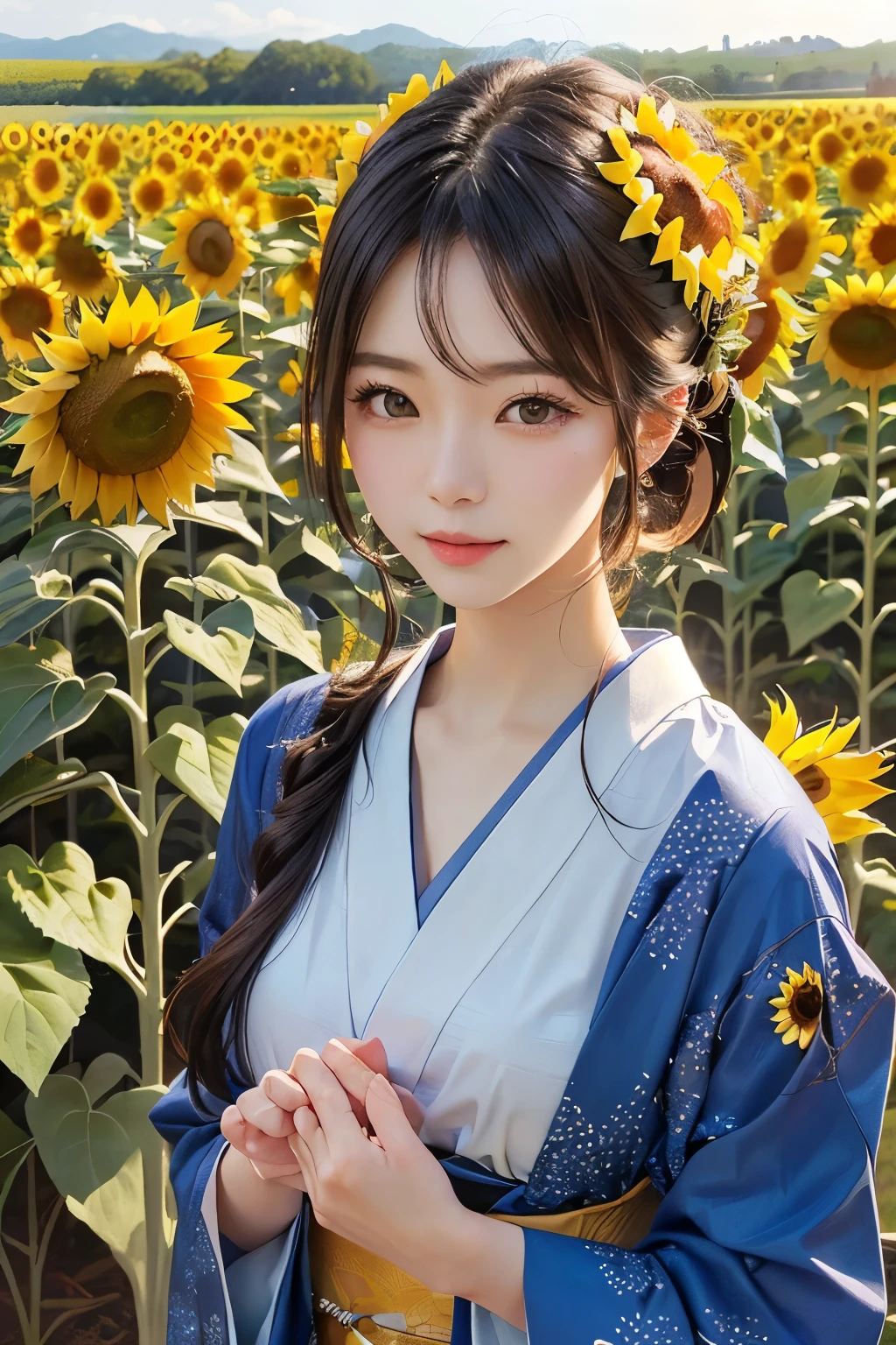 A Japanese woman posing in a field with a sunflower in her hair., Background sunflowers, Beautiful sunflowers, It's hot with the shining sun, Real young gravure idol, scene: Sunflower field, scene : Sunflower field, By Kentaro Miura, Front view of a girl in a flower field, In the flower field, large breast, (nsfw:1.5), open chest, kissing face, highly detailed large eyes, sweat, glossy lips, highly detailed skin, masterpiece, 8k,