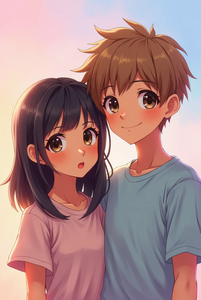 I want you to create a realistic anime style portrait of two people, an adult boy and girl, The girl has brown skin, black eyes and straight shoulder-length hair with a fringe, has thick lips, medium-sized nose and slanted eyes , the boy has light brown hair, with light brown eyes, thick lips and a small nose, she has a wolfcut hairstyle