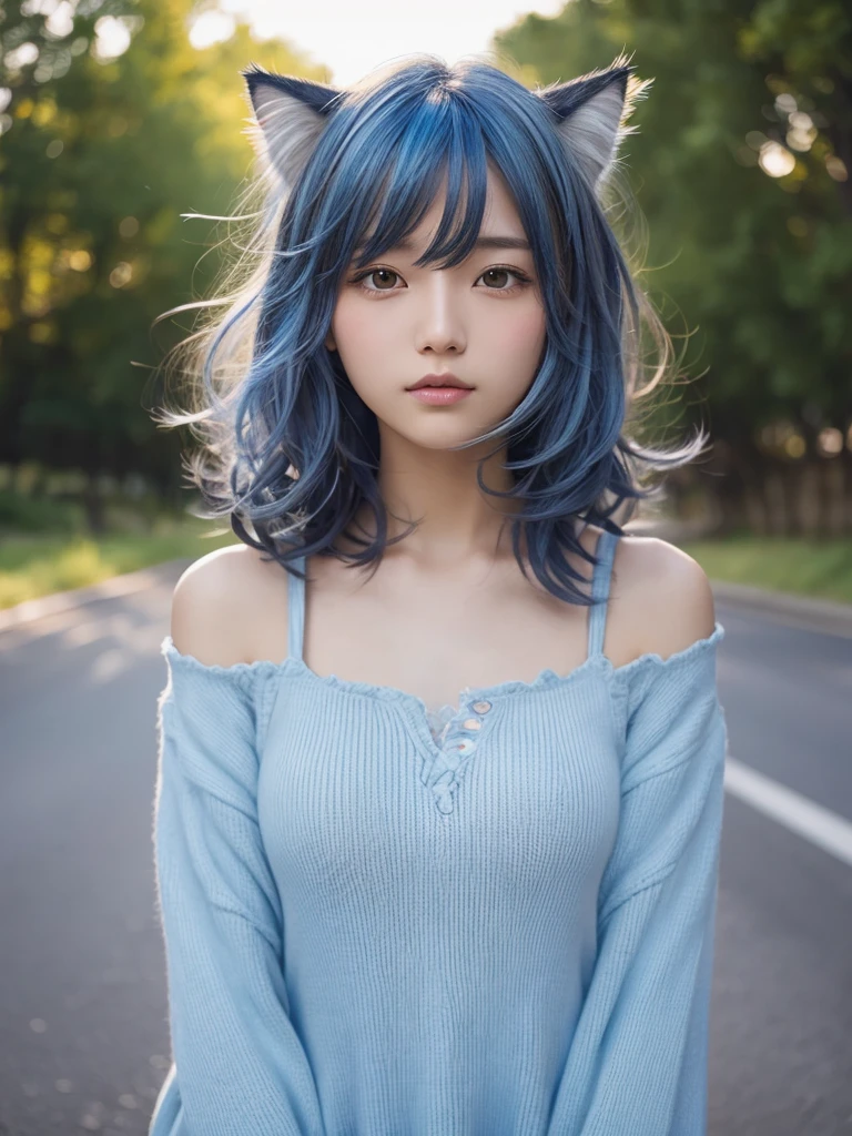 Masterpiece, best quality, ai-generated, cat ear,1 girl,light Blue shaggy cut hair,curly hair, cowboy shot,