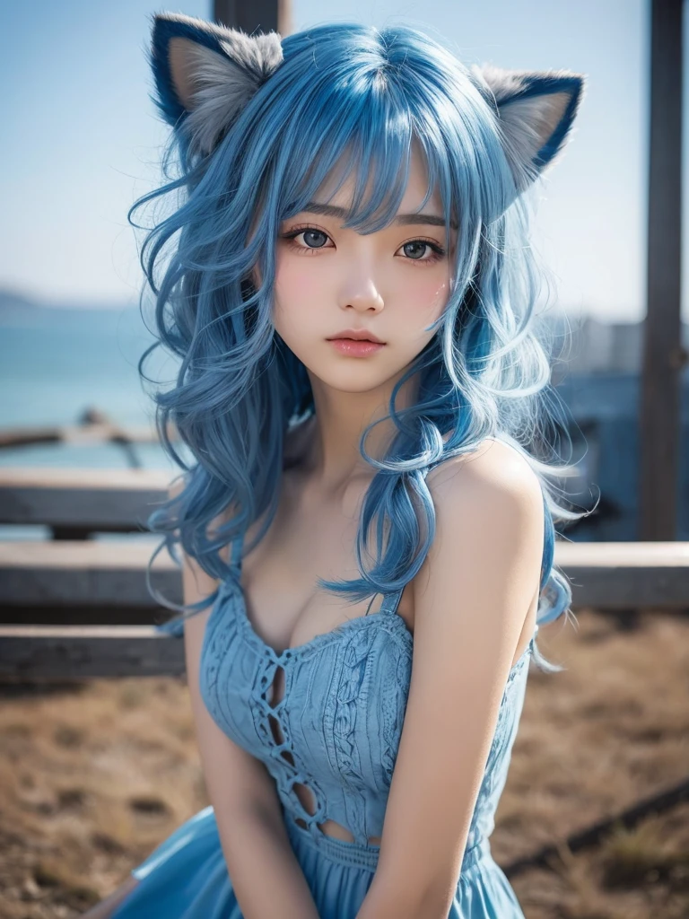 Masterpiece, best quality, ai-generated, cat ear,1 girl,light Blue shaggy cut hair,curly hair, cowboy shot,