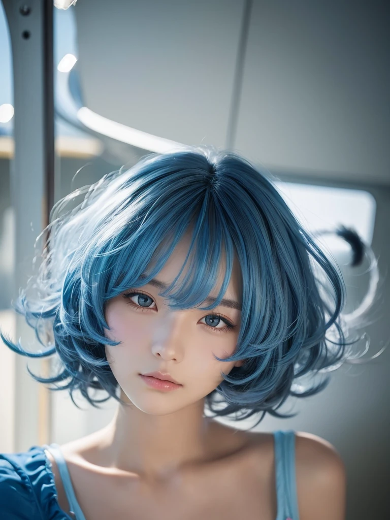 Masterpiece, best quality, ai-generated, cat ear,1 girl,light Blue shaggy cut hair,curly hair, cowboy shot,