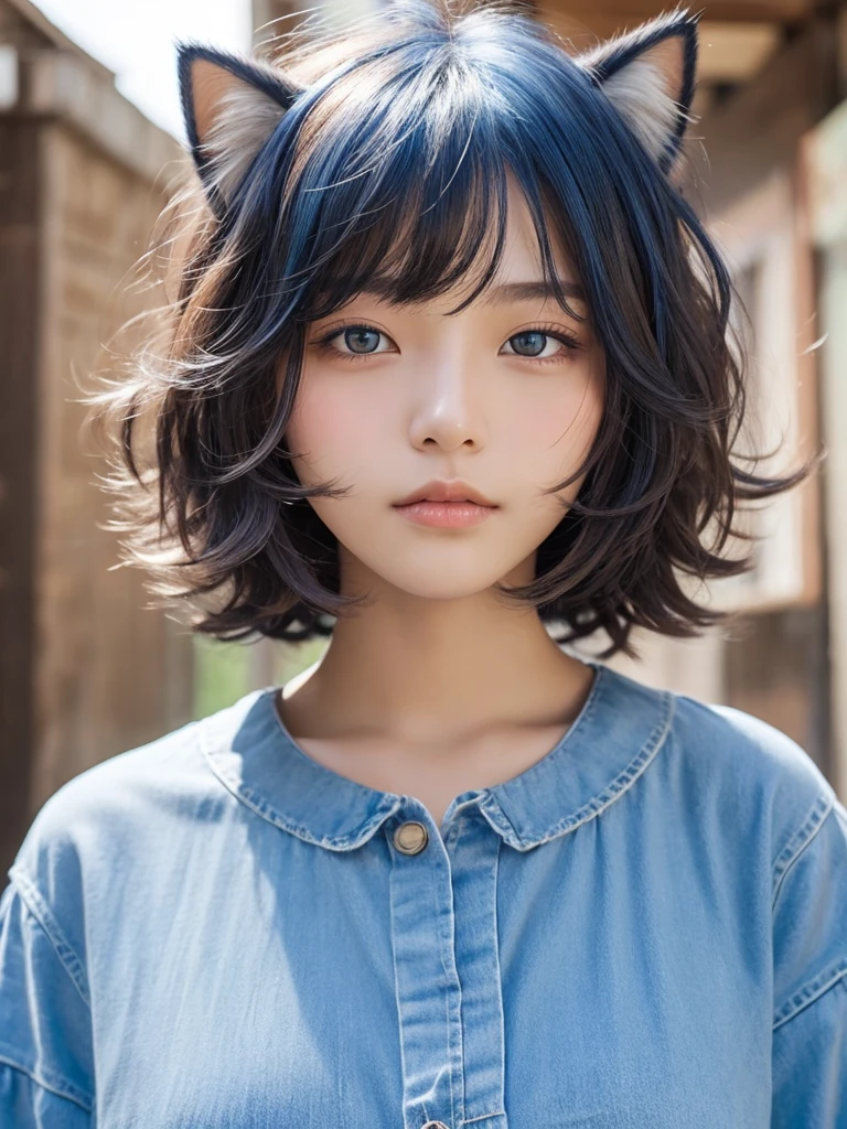 Masterpiece, best quality, ai-generated, cat ear,1 girl,light Blue shaggy cut hair,curly hair, cowboy shot,