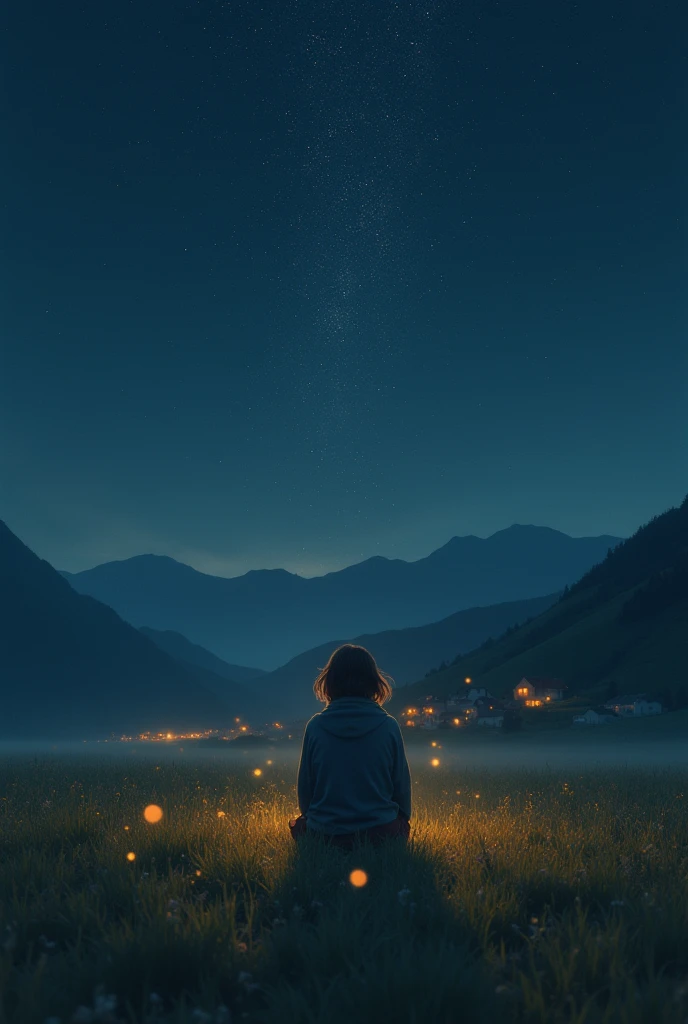 masterpiece, Highest quality, One person, Outdoor, Sitting, Field, village, From below, face, Are crying, rain, fire Fly, night