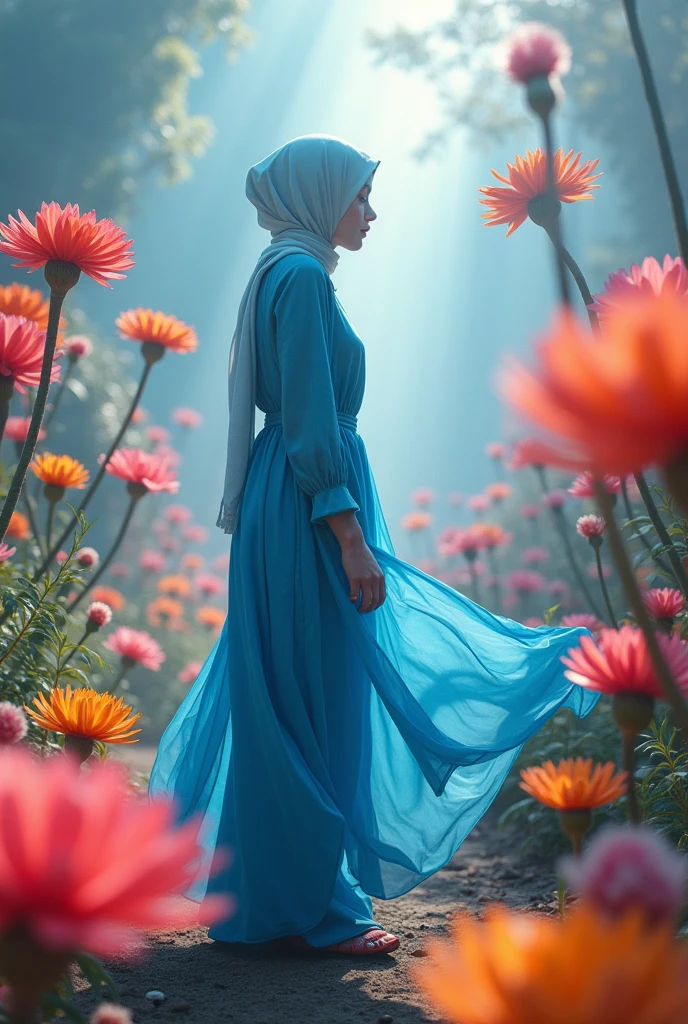 surreal fantasy photo:1.4, (vibrant:1.2), (whimsical:1.2), (dreamlike:1.2), high saturation, bright colors, ethereal lighting, dynamic movement, wide-angle, imaginative, otherworldly, colorful flora, flowing fabric, 24mm lens, f/4, fantastical, enchanting, a hijab woman in blue, in a flowing blue dress in a vibrant, fantasy-like environment