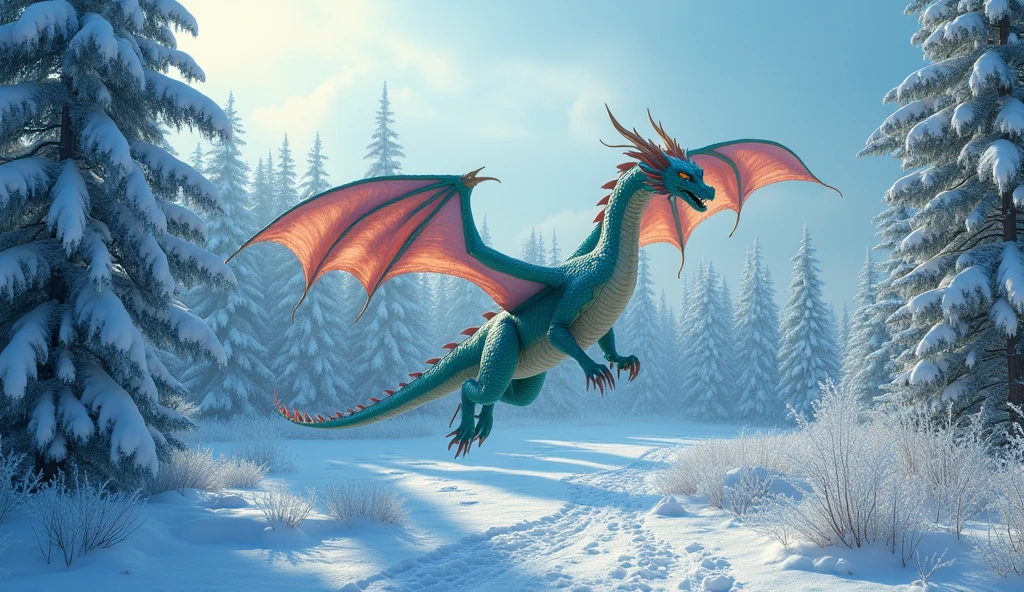 Beautiful art style,dragon,8K,Great scene,The cold northern forest,winter,Snow Scene,Heavy snow