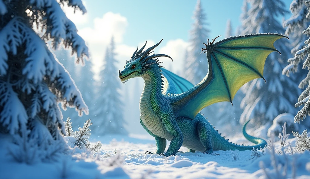 Beautiful art style,dragon,8K,Great scene,The cold northern forest,winter,Snow Scene,Heavy snow