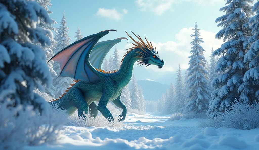 Beautiful art style,dragon,8K,Great scene,The cold northern forest,winter,Snow Scene,Heavy snow