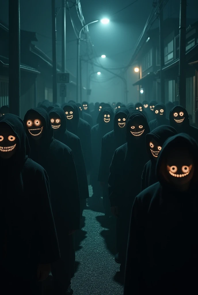 Many people, scary smiles, smiles, smiles everywhere. Ordinary people are lined up. Japanese. The background is night. Men and women. Door scope.
