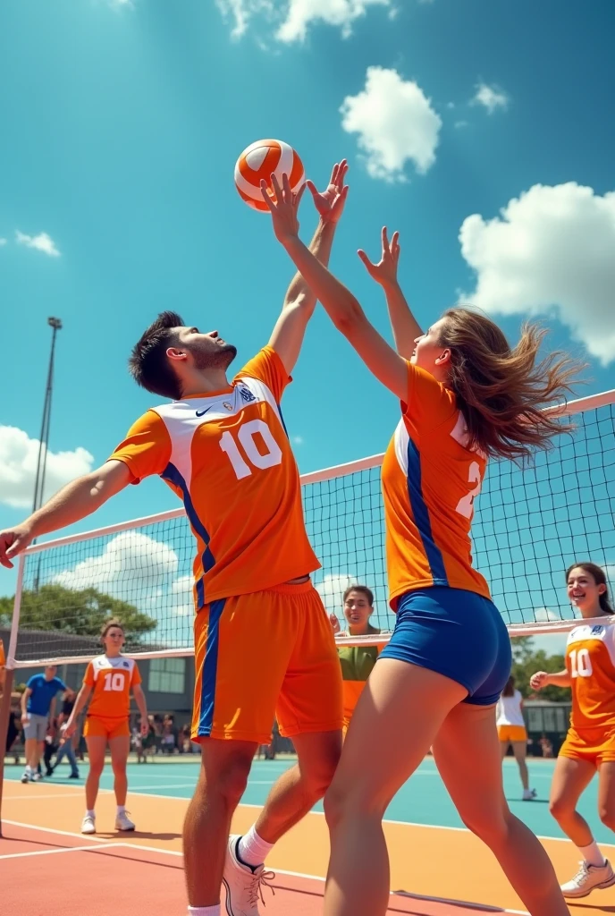 Sports jersey for a plastic volleyball team that combines with an orange, white, and blue logo
