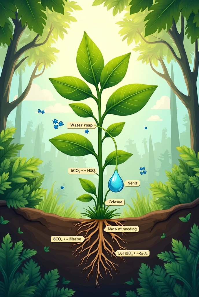 Create a drawing of the photosynthesis process that expresses the definition of raw and elaborated sap, the ingredients used, the phases of photosynthesis, the products of photosynthesis, and the chemical formula of photosynthesis.