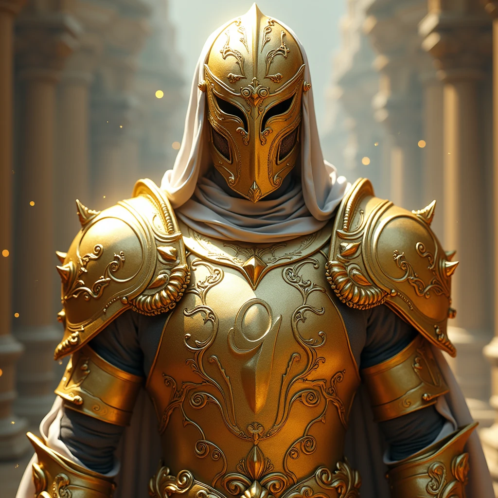 A character name 4
This warrior is elite of society and extremely wealthy and anonymous
Use golden and glassy white colors to generate this warrior
The character reached that level of success just by hardwork
Use a mask for this character and on his armor display 4
Don't show face and instead show a golden mask with number 4 
