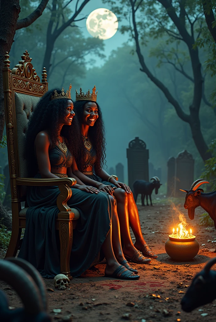 Africanas Nude, with long curls, Three women together black skin, evil laughter, sitting, swamp forest, corona, Nude, calaveras. candles, trident, full moon, Nude, blood , preparing potion in a cauldron. fire , Nude, black goats, jovial laughter, crowns, jewelry , throne, naked , cemetery