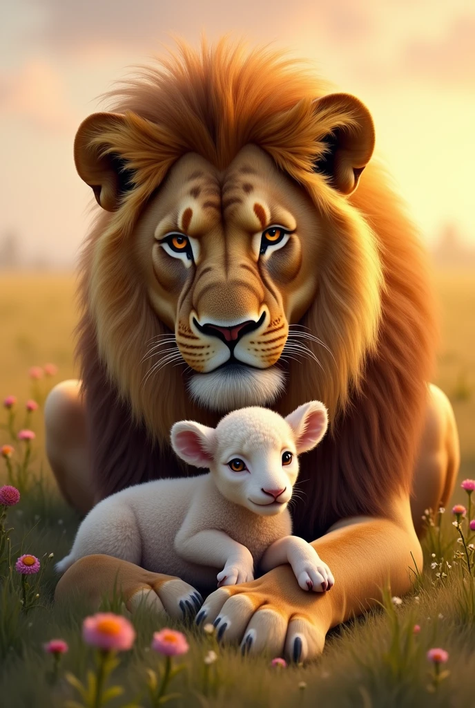 A Lion caring for a lamb