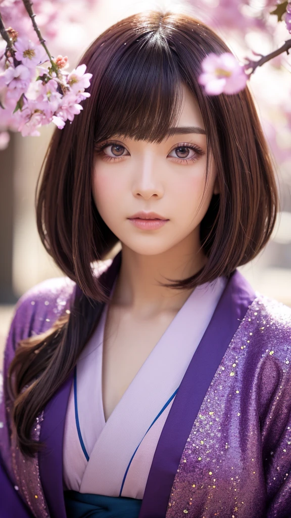 Body facing forward、Spiritual 1 person, Bronze Hair、Shortcuts, kimono、Purple eyes, Hair Flower, Sparkle Effect, solo, Gaze