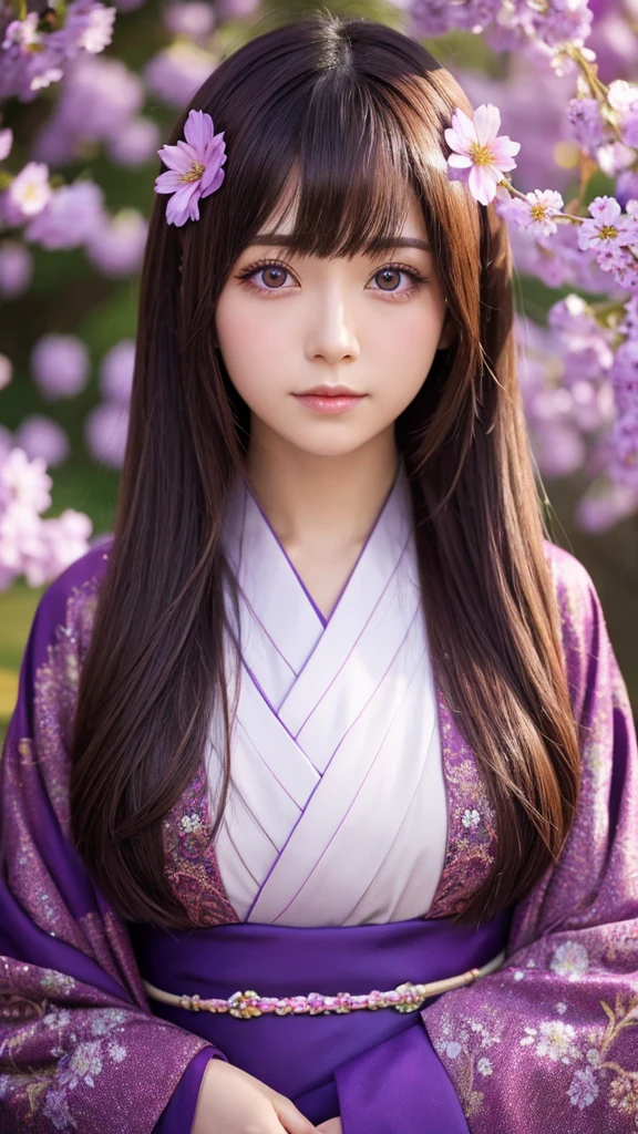 Body facing forward、Spiritual 1 person, Bronze Hair、Shortcuts, kimono、Purple eyes, Hair Flower, Sparkle Effect, solo, Gaze