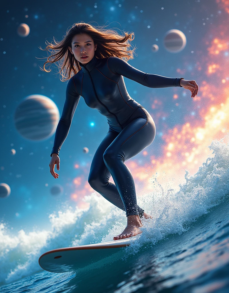 ultra-realistic, photorealistic, (20 years old Japanese famous idol girl:1.5), very beautiful Japanese but space surfer, surfing on the galaxy, amazing view of planets, dynamic surfing pose, masterpiece, (face focus:1.6), beautiful eyes, wearing a stylish wetsuits for surfing, very large breasts, beautiful face, very surprised expressions
