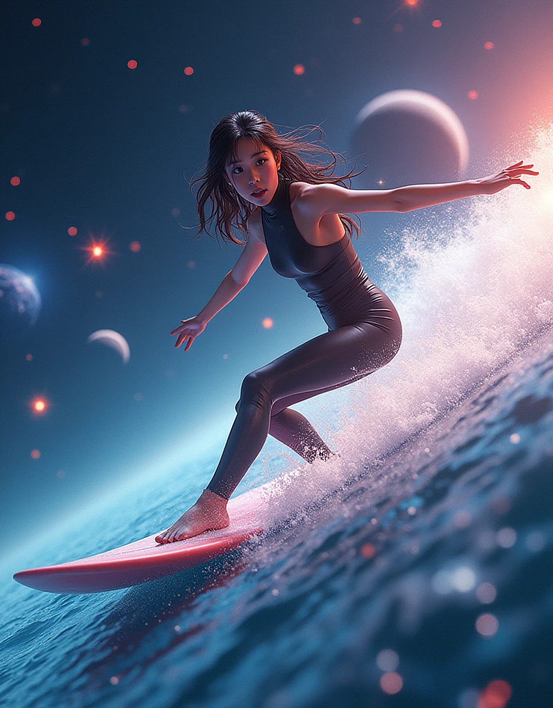 ultra-realistic, photorealistic, (20 years old Japanese famous idol girl:1.5), very beautiful Japanese but space surfer, surfing on the galaxy, amazing view of planets, dynamic surfing pose, masterpiece, (face focus:1.6), beautiful eyes, wearing a stylish wetsuits for surfing, very large breasts, beautiful face, very surprised expressions