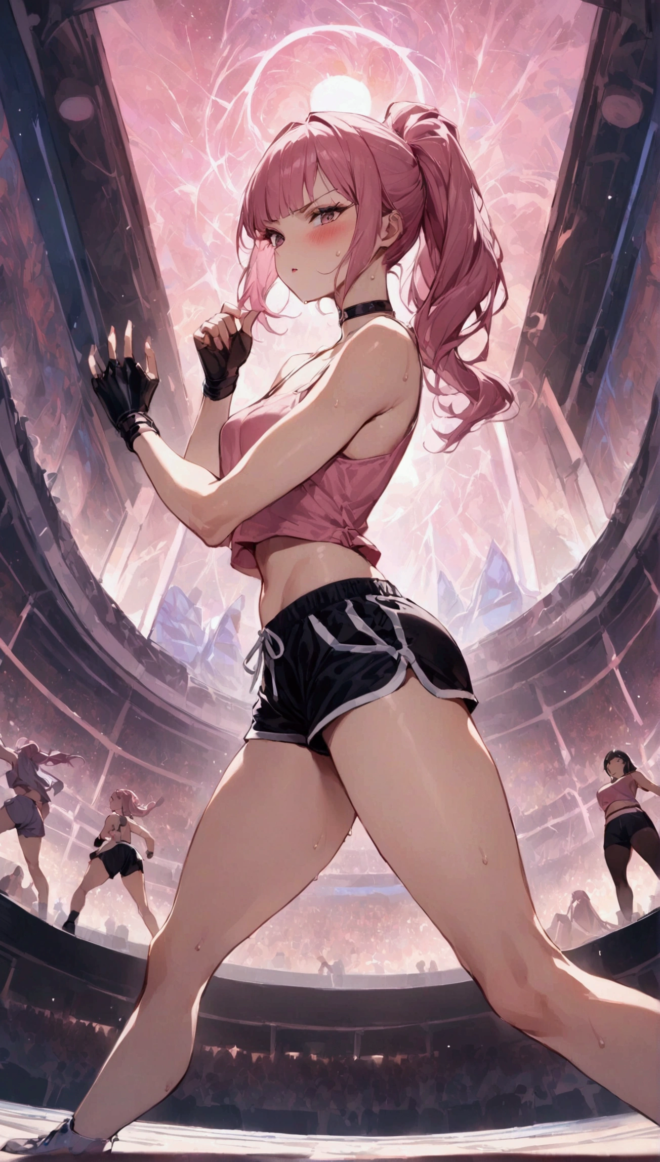 {{masterpiece}}, {{{Highest quality}}},{{Very detailed}}{{female martial artist}},{{Female fighters fighting in a martial arts match..}},{{during a match}},solo,1girl, {{Very slim legs:1.2}},slim body,{{}},{{}},Mature Women,Dynamic composition、Dutch Angle,from side,Focus on thighs,,v-shaped eyebrows.profound,Bad mood,blush,Sweat,{{clavicle:1.4}},{{}},,choker,,,,black fingerless gloves,dolphin shorts, pink hair,Pink camisole, long hair,ponytail Blunt bangs,high-cut sneakers,{{On the ring:1.4}},Small Arena