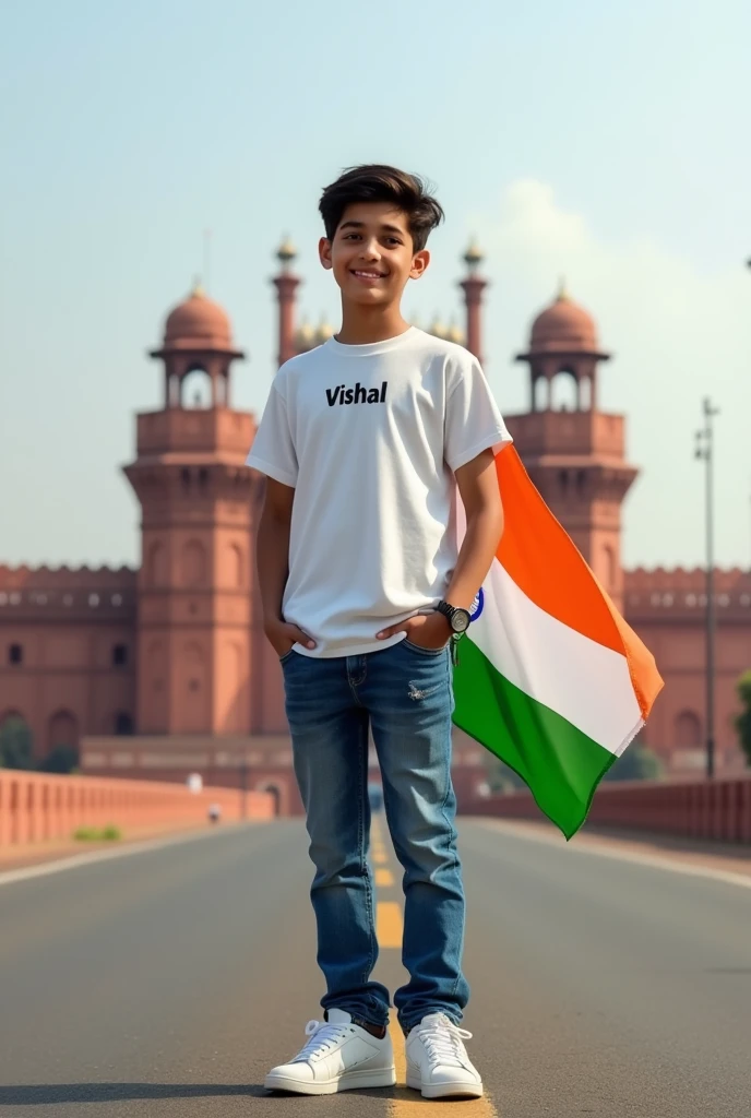 Generate a Realistic 19 years old boy, Wearing White T shirt blue jeans sneakers and the name "Vishal" is written on his t-shirt and the boy is standing on the road with holding a national flag of India, and behind him is the Red Fort Delhi. And written on sky "Independence Day" Create Realistic image high quality