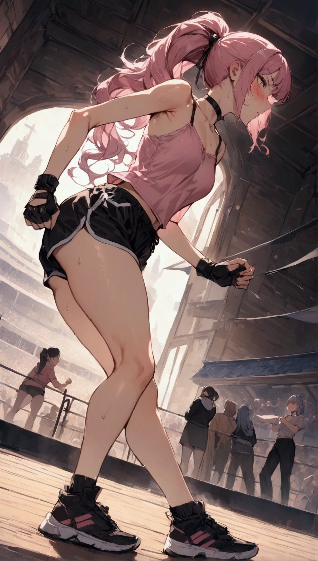 {{masterpiece}}, {{{Highest quality}}},{{Very detailed}}{{female martial artist}},{{Female fighters fighting in a martial arts match..}},{{during a match}},solo,1girl, {{Very slim legs:1.2}},slim body,{{}},{{}},Mature Women,Dynamic composition、Dutch Angle,from side,Focus on thighs,,v-shaped eyebrows.profound,Bad mood,blush,Sweat,{{clavicle:1.4}},{{}},,choker,,,,black fingerless gloves,dolphin shorts,　pink hair,Pink camisole,　long hair,ponytail　Blunt bangs,high-cut sneakers,{{On the ring:1.4}},Small Arena