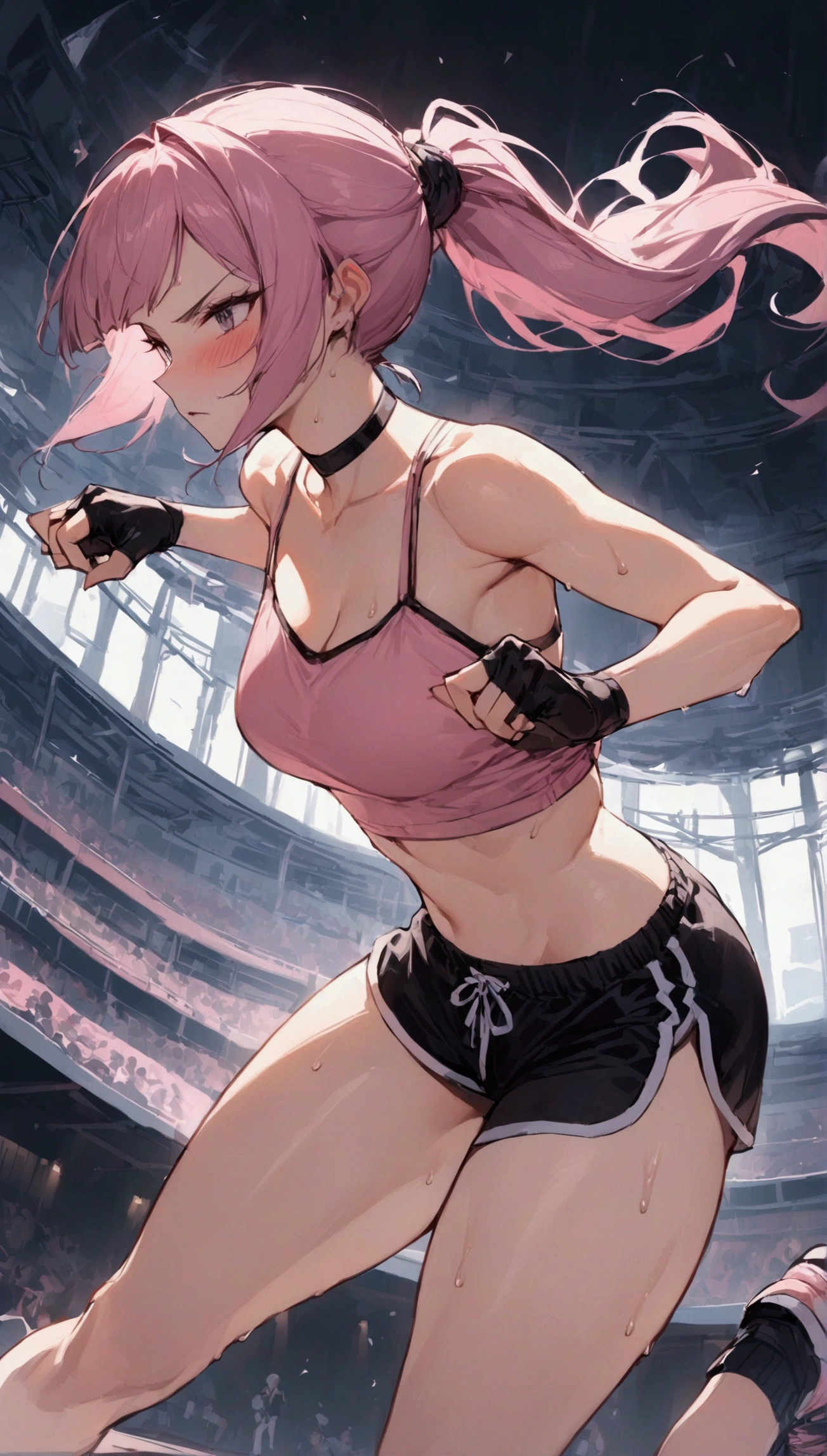 {{masterpiece}}, {{{Highest quality}}},{{Very detailed}}{{female martial artist}},{{Female fighters fighting in a martial arts match..}},{{during a match}},solo,1girl, {{Very slim legs:1.2}},slim body,{{}},{{}},Mature Women,Dynamic composition、Dutch Angle,from side,Focus on thighs,,v-shaped eyebrows.profound,Bad mood,blush,Sweat,{{clavicle:1.4}},{{}},,choker,,,,black fingerless gloves,dolphin shorts, pink hair,Pink camisole, long hair,ponytail Blunt bangs,high-cut sneakers,{{On the ring:1.4}},Small Arena