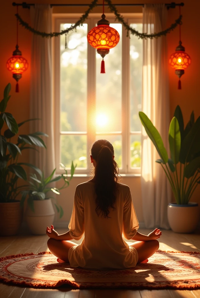 Woman meditating with her higher self in an environment with incense and Indian lights